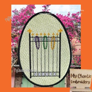 Free standling lace FSL Mardi Gras bead fence Ornament 4 sizes 4x4 (2 designs), 5x5, 8x8 Digital machine embroidery