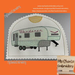 15x20 cm Küche Serviettenhalter 5th Wheel Retro Vintage Wanderer Camper Nachzieher - Digitale Datei Stickdatei Bestecktasche Geschirr Tischwäsche