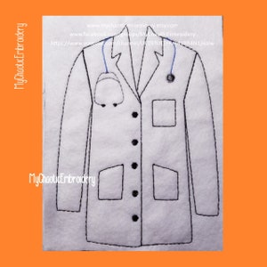 May include: White embroidered doctor's coat with a stethoscope, two pockets, and buttons. The embroidery is black and the coat is outlined in blue. The text "My Chaotic Embroidery" is visible at the top and bottom of the image.