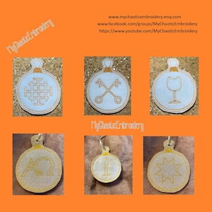 May include: Six white felt ornaments with gold embroidery. The ornaments feature a variety of designs, including a cross, a wine glass, a star, a candle, a Greek letter, and a geometric pattern.