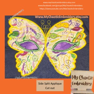 May include: A yellow butterfly-shaped applique with purple and green details. The applique is a side split applique cut out. The text "My Chaotic Embroidery" is visible in the lower right corner of the image.