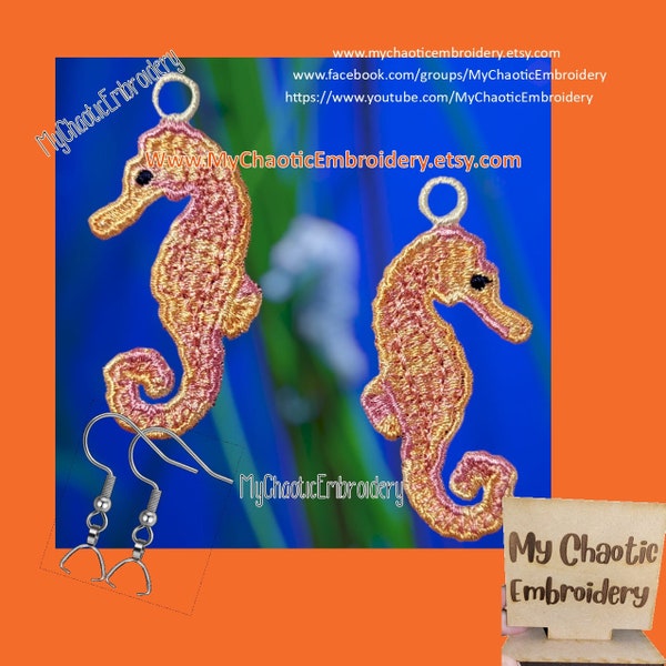 4x4 FSL Free Standing Lace Seahorse sea horse Earrings Pattern, fish hook hardware Digital machine embroidery