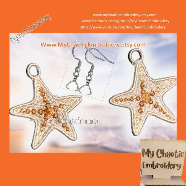 4x4 FSL Free Standing Lace Starfish star fish Earrings Pattern, fish hook hardware Digital machine embroidery