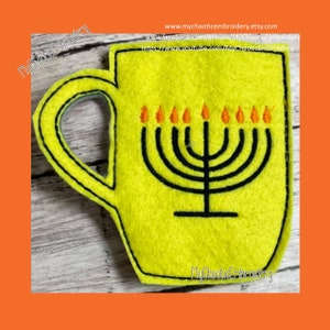 4 x 4 Hannukah Menorah candélabre tasse tasse café thé cacao chaud chocolat porte-carte-cadeau - fichier numérique broderie machine