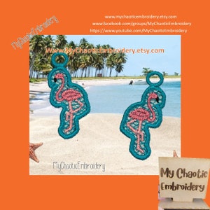 4x4 FSL Free Standing Lace Flamingo flams flamingos Earrings Pattern, fish hook hardware Digital machine embroidery