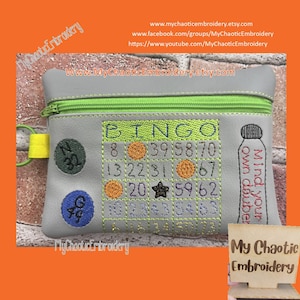 5x7 hoop size Bingo design zipper bag FULLY LINED no exposed seams - Digital machine embroidery