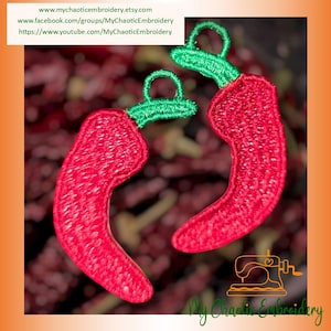 May include: Two red chili pepper embroidery patches with green tops. The patches are stitched with a detailed design and have a loop for hanging.