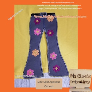 May include: A blue denim applique of a pair of bell bottom pants with pink, orange, and purple flowers. The applique is on a yellow background and has the text "Side Split Applique Cut out" and "My Chaotic Embroidery" on it.