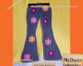5x7 Bell Bottoms Pants Jeans Flower Hippy Side Split Hem Applique Cutwork embroidery design Digital file machine