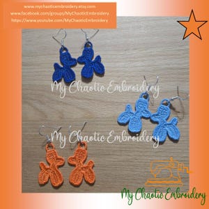 May include: Embroidered balloon dog earrings in blue and orange, with silver-tone ear wires. The image includes the text "My Chaotic Embroidery" and website information.