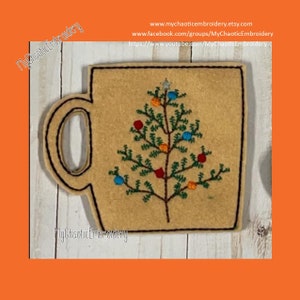 4 x 4 branches de sapin de Noël tasse mug café thé cacao chaud chocolat porte-carte-cadeau - fichier numérique broderie machine
