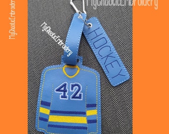 2 design set - Hockey bag tag and matching keyfob 5x7 - read instructions Key Fob Ring Digital file machine embroidery design