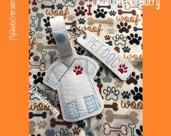 2 design set -Veterinarian Vet Pet Doc scrubs scrub bag tag & matching keyfob 5x7 - read instructions Digital file machine embroidery design
