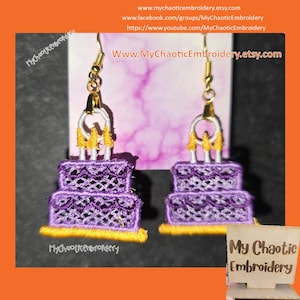 4x4 FSL Free Standing Lace Birthday Cake earrings Earrings Pattern, fish hook hardware Digital machine embroidery
