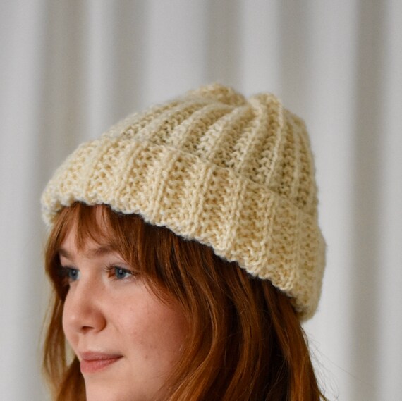 Chunky Hand Knit Ivory Cream Beanie Toque Head War