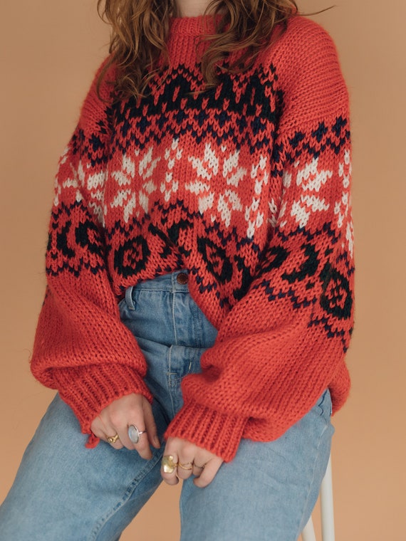 Red Hand Knit Patterned Sweater