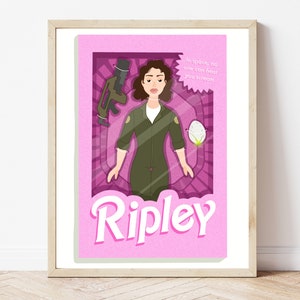 May include: A pink and white illustration of a woman in a green jumpsuit with a gun and a flower. The text "Ripley" is below the woman and the text "In space, no one can hear you scream" is above her.
