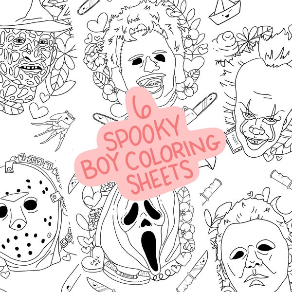 Spooky Boy Coloring Sheet Pack - Digital Coloring Sheets - Horror Coloring Sheets