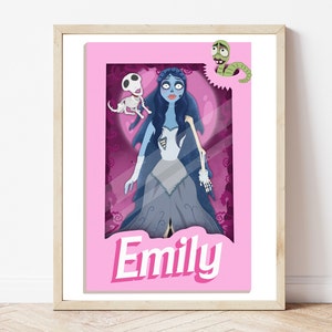 以下が含まれることがあります： ピンクと白の印刷可能なアートプリントで、スケルトンの体と青いドレスを着た新婦の漫画のイラストが描かれています。新婦はピンクのハートと緑のミミズに囲まれています。プリントの下部には「エミリー」という名前が書かれています。