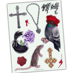 May include: A set of stickers featuring a variety of gothic and occult imagery, including a cross, a dove, a rat, a flower, a chain, a seal, and a upside-down cross. The stickers are painted in a realistic style with vibrant colors.