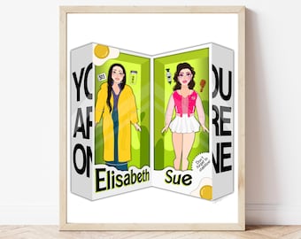 May include: A parody of a toy doll box featuring two women with the text "You Are One" and "Don't forget to stabilize!"  The women are wearing different outfits and have different hairstyles. The box is green and white with a yellow egg on the bottom.