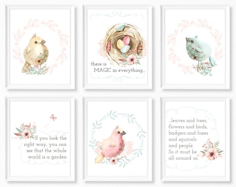 Archivos JPEG digitales para imprimir con temática de Secret Garden. Imprimibles con frases de Secret Garden. Decoración de habitación de pájaros. Decoración de habitación de niña en rosa y azul.