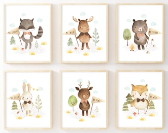 Woodland Nursery Decor. Printable Set of 6. Woodland Nursery Prints for Baby Boys. Forest Nursery Theme. Woodland Animal Friends Nursery Art