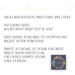 Puede incluir: Archivos JPEG imprimibles para descargas digitales en varios tama&ntilde;os: 40,6 x 50,8 cm, 27,9 x 35,6 cm, 20,3 x 25,4 cm, 12,7 x 17,8 cm y 10,2 x 15,2 cm. El texto "Printable Art by Ivy & Reed" est&aacute; en una corona de flores sobre un fondo azul oscuro.