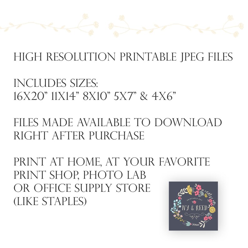 Puede incluir: Archivos JPEG imprimibles para descargas digitales en varios tama&ntilde;os: 40,6 x 50,8 cm, 27,9 x 35,6 cm, 20,3 x 25,4 cm, 12,7 x 17,8 cm y 10,2 x 15,2 cm. El texto "Printable Art by Ivy & Reed" est&aacute; en una corona de flores sobre un fondo azul oscuro.
