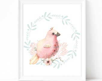 Archivos imprimibles de arte de aves en acuarela. Decoración de guardería en rosa y azul. Estampado floral de aves. Decoración con motivos de aves. Estampado de aves para guardería. Arte de aves para guardería.