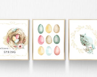 Arte de pared de primavera imprimible, impresiones de primavera, imprimible de primavera, impresión de huevos, imprimible de Pascua, conjunto de impresiones de arte de primavera, nido, huevos, acuarela de pájaro