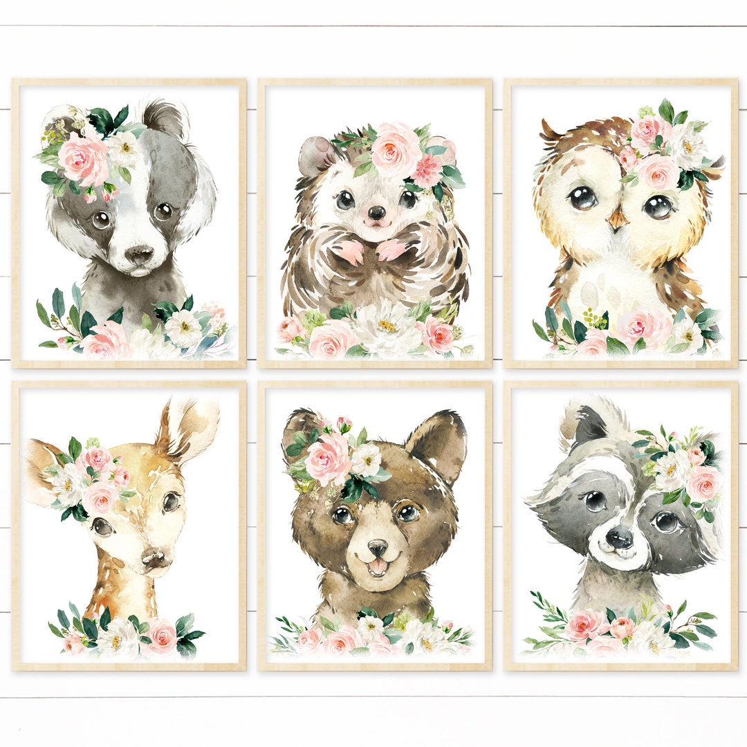 Printable Girl Woodland Nursery Floral Animal Wall Art. Baby Girl ...