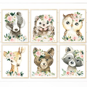 Printable Girl Woodland Nursery Floral Animal Wall Art. Baby Girl Nursery Art. Printable Boho Nursery Art. Nursery Decor. Blush Pink Floral.