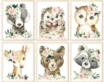 Printable Girl Woodland Nursery Floral Animal Wall Art. Baby Girl Nursery Art. Printable Boho Nursery Art. Nursery Decor. Blush Pink Floral.