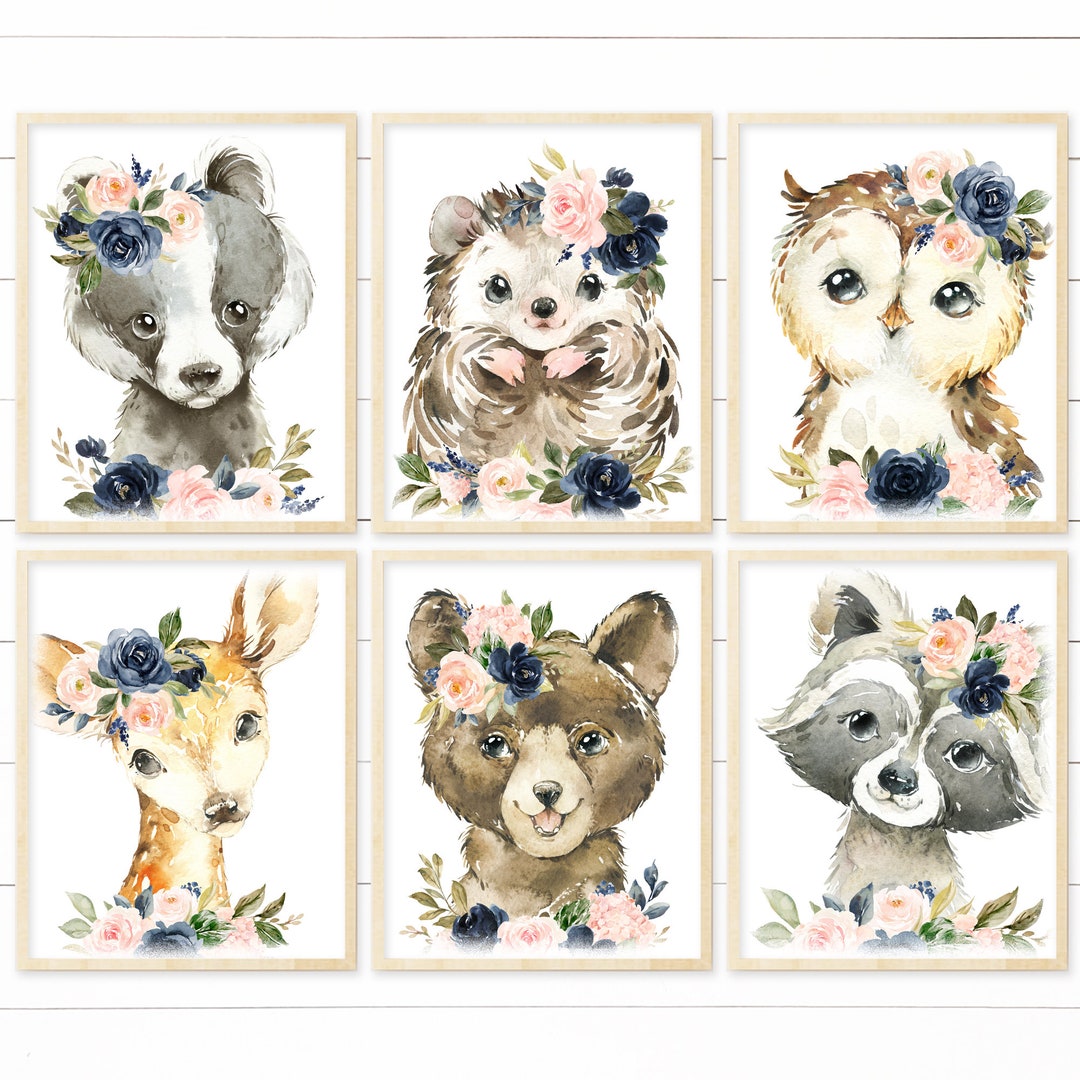 Printable Girl Woodland Nursery Floral Animal Wall Art. Navy and Pink ...