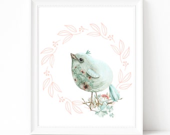 Imprimibles de primavera. Archivos imprimibles de impresiones de aves en acuarela. Decoración azul con huevo de petirrojo. Arte imprimible de Pascua para guardería. Decoración con temática de aves.