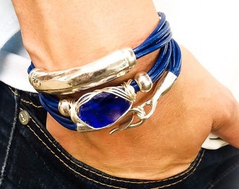 Sea Glass Leather Wrap Bracelet: Sterling Silver Wire Wrapped Jewelry