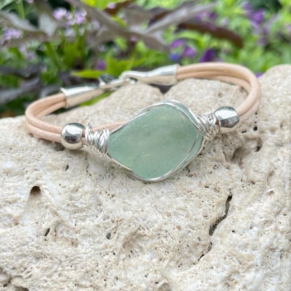 Sea Glass Simple Leather Bracelet | Casual Leather | Sea Glass Jewelry | Real Beach Glass | Simple Leather Bracelet| Sea Glass Bracelet