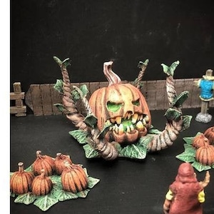 May include: A hand-painted pumpkin with a menacing grin and vines growing from its top. The pumpkin is surrounded by smaller pumpkins and leaves.
