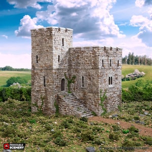 May include: A stone tower with a small stone building attached to it. The tower has a pointed roof and a small window on each side. The building has a door and a window on each side. The tower and building are surrounded by green grass and bushes.