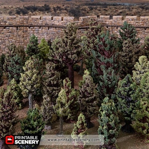 May include: A detailed miniature forest scene featuring trees in shades of green and brown, with a stone wall backdrop. Ideal for tabletop gaming or model scenery. The website address "www.printablescenery.com" is visible.