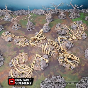 May include: A large, detailed, white dragon skeleton is scattered across a rocky, green terrain. The skeleton is broken into several pieces, with the skull, wings, and tail all visible. The terrain is covered in small rocks and green grass. The image is taken from a high angle, looking down on the skeleton. The text "Printable Scenery" is visible in the bottom left corner of the image. The text "www.printablescenery.com" is visible in the bottom right corner of the image.