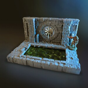 May include: A gray, stone-like miniature dungeon set with a green, mossy pool and a round, metal vent. The set is designed for tabletop gaming.