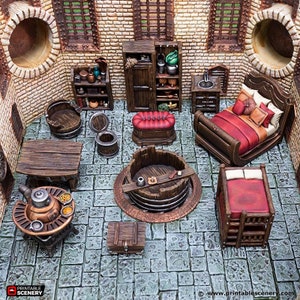 May include: A collection of miniature furniture pieces for tabletop gaming, including a bed, a table, a chair, a bathtub, and a chest. The pieces are painted in a rustic style with brown, red, and white accents.