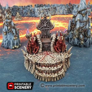 May include: A 3D printed throne made of bone and skulls, with two red demon figures on either side. The throne is set on a platform of bone and skulls, with a red, lava-like background.