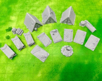 dnd Adventurers Camp Complete Campsite Tent Cots Campfire Set Tabletop Scatter Terrain RPG Pathfinder D&D Dungeons and Dragons