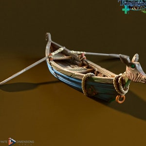 May include: A wooden rowboat with a blue and green painted hull. The boat has a deer head prow and a wooden oar. The boat is sitting on a brown surface.