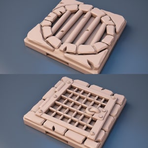May include: Two square dungeon tiles for tabletop games. The first tile features a stone-framed circular opening with wooden bars. The second tile features a wooden door with a metal latch and a metal grate.