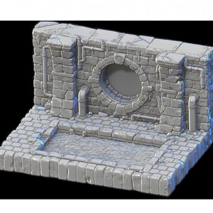 May include: A gray stone wall with a round opening and pipes. The wall is set on a gray stone base with a rectangular pool of water in the center.