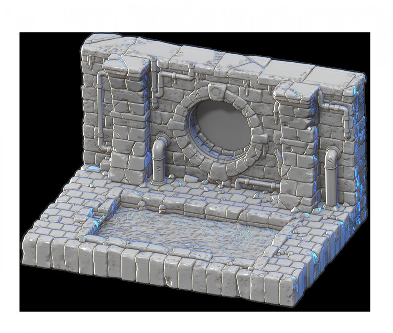 May include: A gray stone wall with a round opening and pipes. The wall is set on a gray stone base with a rectangular pool of water in the center.
